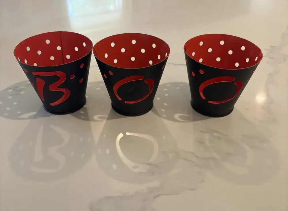 Set Of 3 HMK Metal Pail Halloween Tea Light Candle Holders Black BOO Silhouette